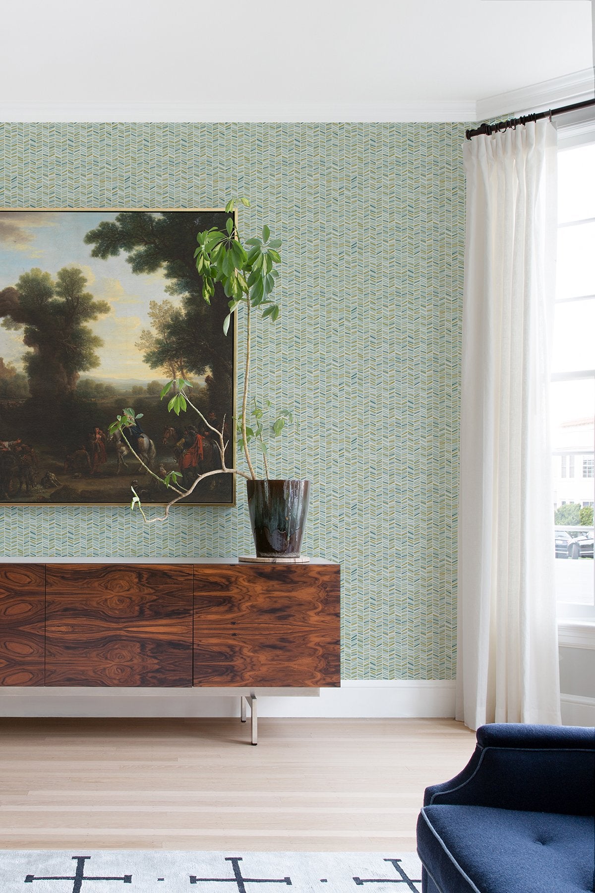 Ivan Broken Chevron Green Peel & Stick Wallpaper with Coastal Graphic Chevron Pattern - Brewster MS6133