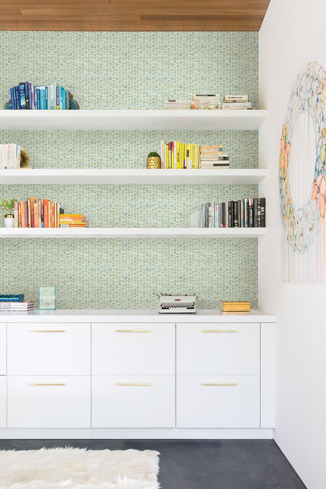 Ivan Broken Chevron Green Peel & Stick Wallpaper with Coastal Graphic Chevron Pattern - Brewster MS6133