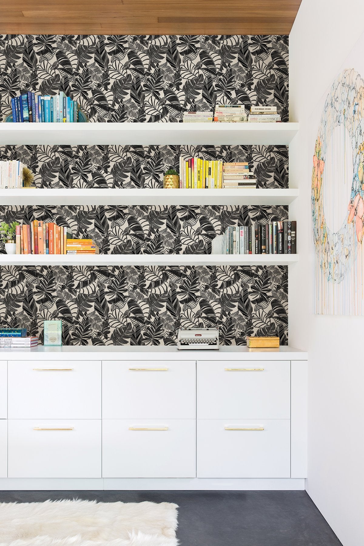 Pindo Wood Cut Palm Black Peel & Stick Wallpaper with Botanical Leaf Pattern, Bohemian Style - MS6136
