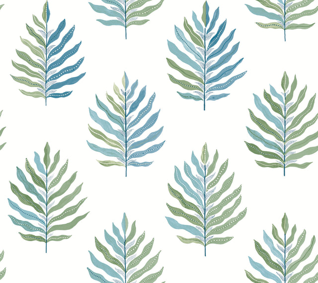 Miramar Lush palm leaf wallpaper by York Wallcoverings, blue and green leaves on white