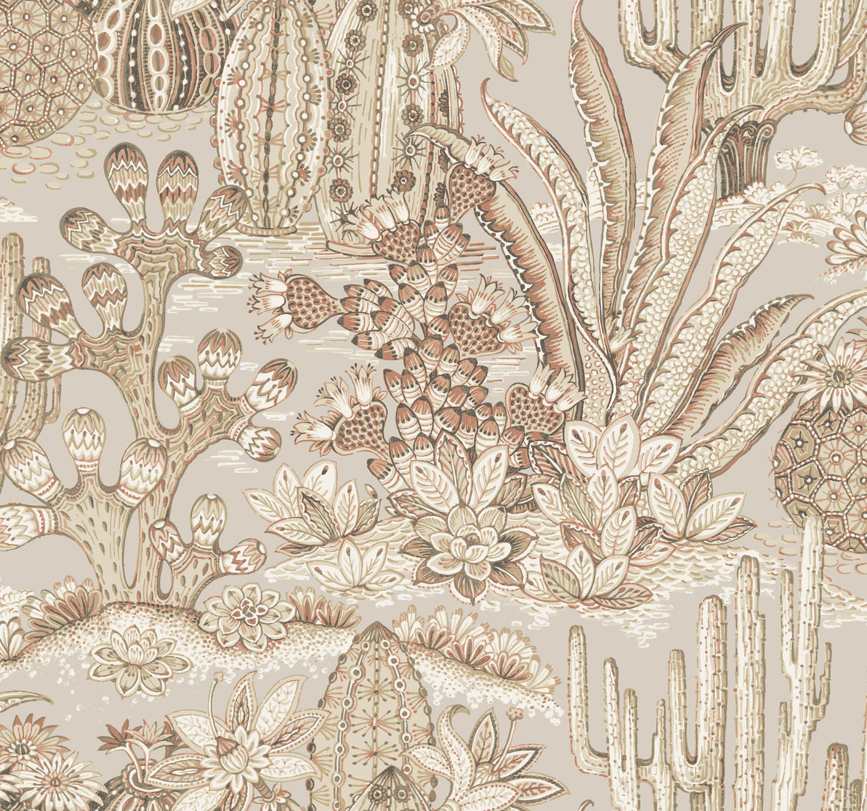 Lotus Land Cacti Baked Clay wallpaper pattern featuring stylized cacti and succulents.