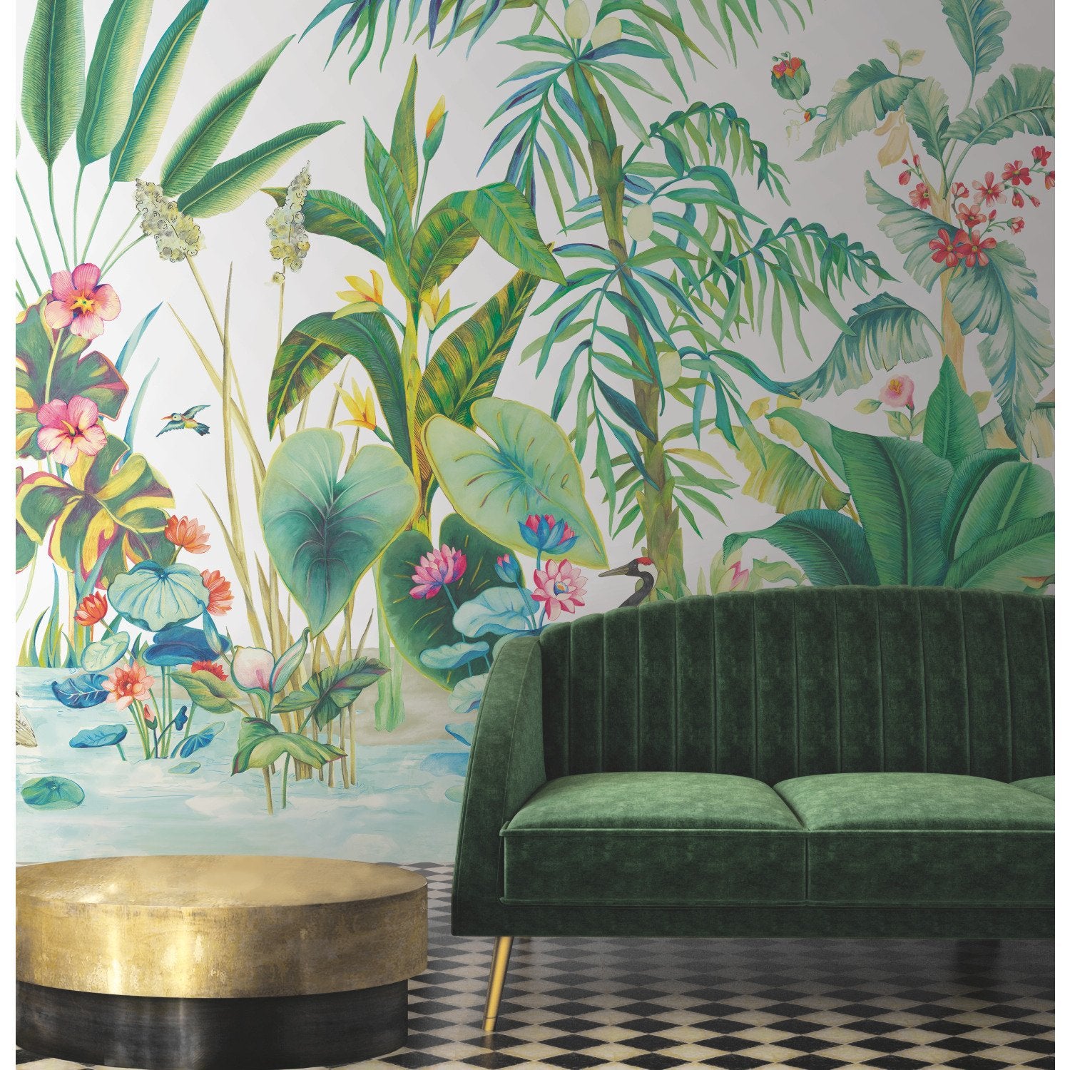Tropical Panoramic White Wall Mural with Tropical Botanical Scene - York MU0254M