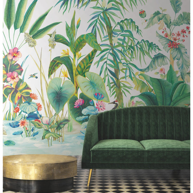 Tropical Panoramic White Wall Mural with Tropical Botanical Scene - York MU0254M