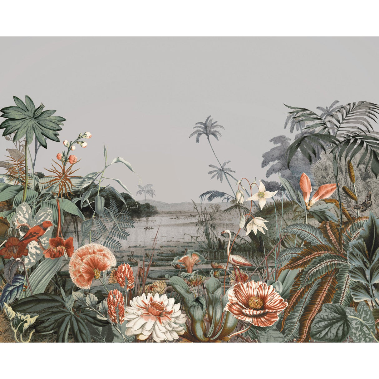 Floating Gardens Grey Botanical Wall Mural with Tropical Landscape - York MU0263M