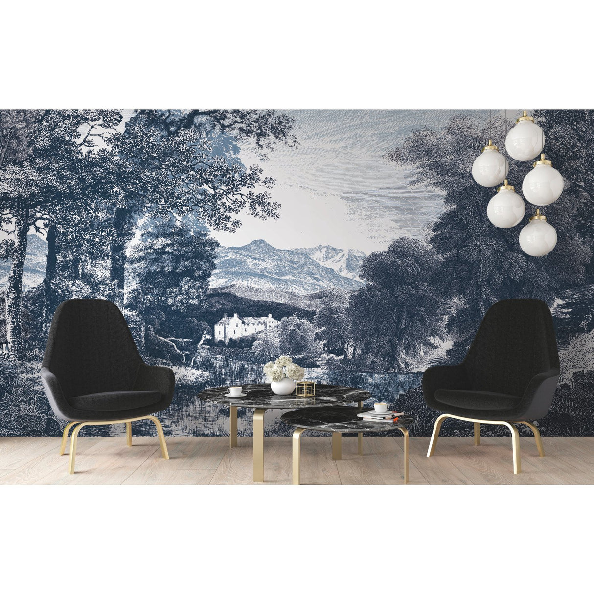 Provincial Scenic Navy Wall Mural with Traditional Toile Landscape - York MU0271M