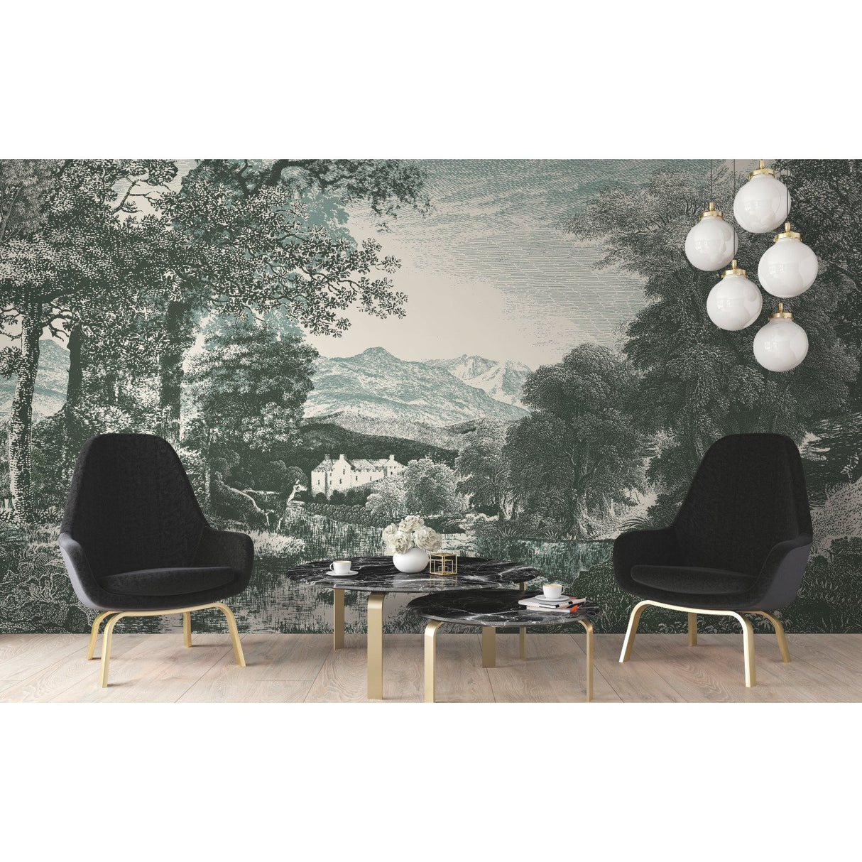Provincial Scenic Teal Wall Mural with Traditional Scenic Toile Motif - York MU0272M