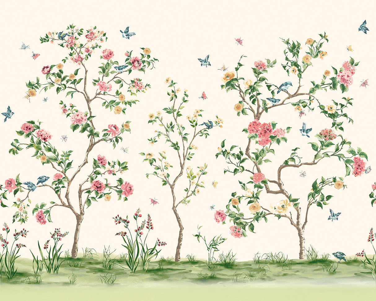 Pink Chinoiserie Floral Tree Wall Mural Pink - MUR193M