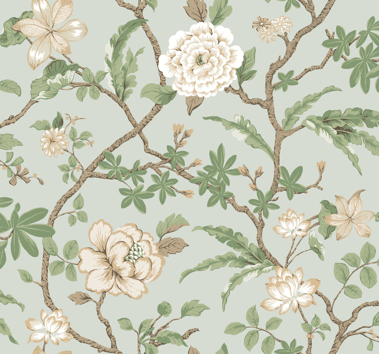Ronald Redding Courtyard Botanical Pale Blue wallpaper with floral vines on a light blue background.