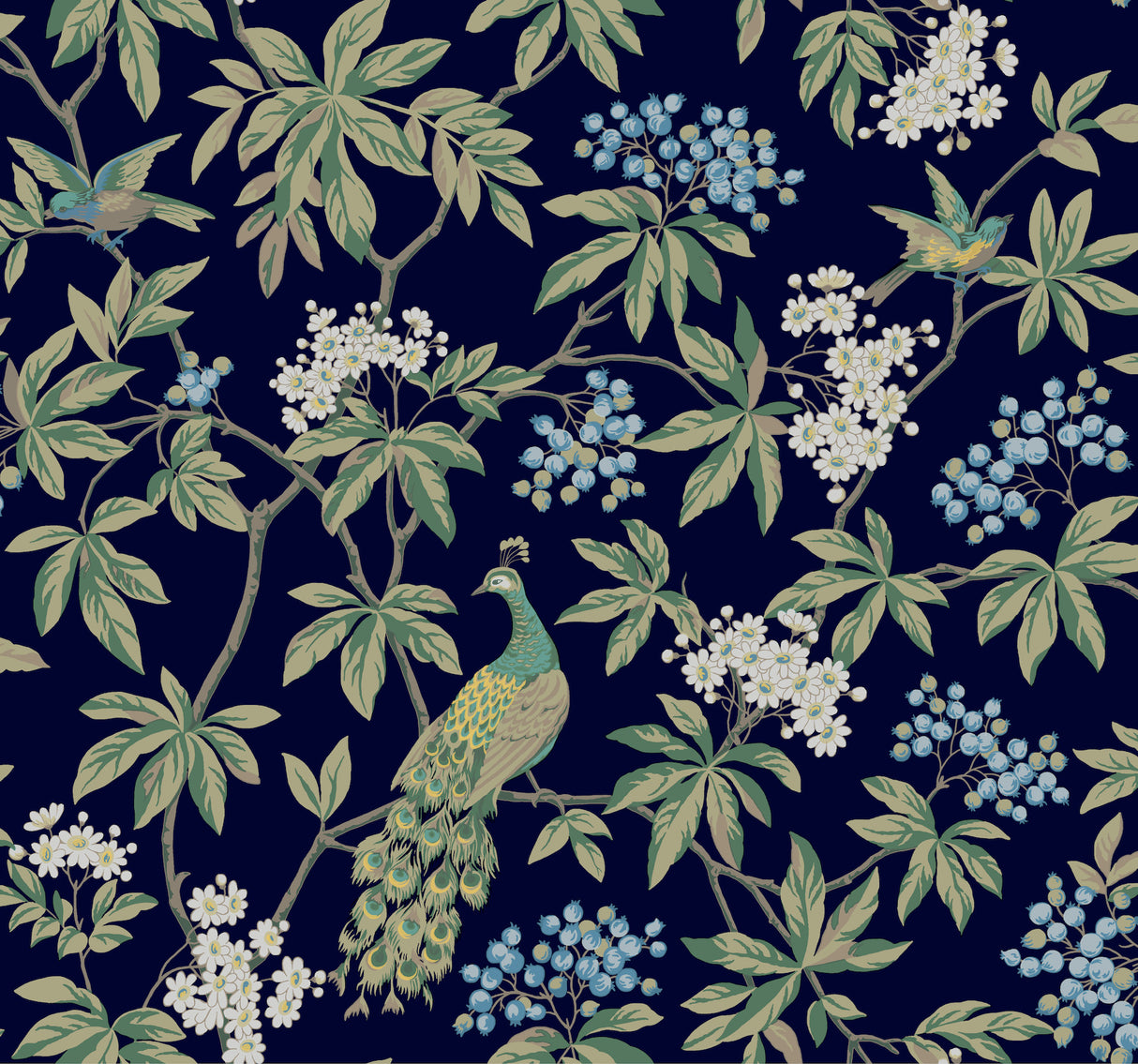 Peacock Estate navy wallpaper with peacocks and foliage on dark blue background