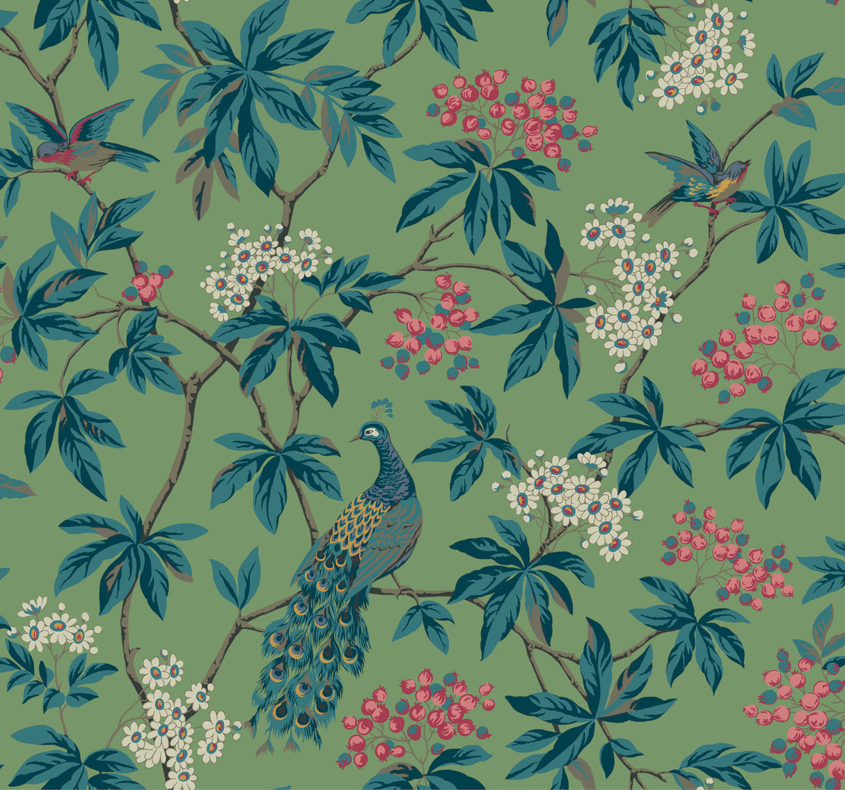 Peacock Estate Green wallpaper with peacocks, birds, floral branches on green ground, 27 in x 27 ft roll.