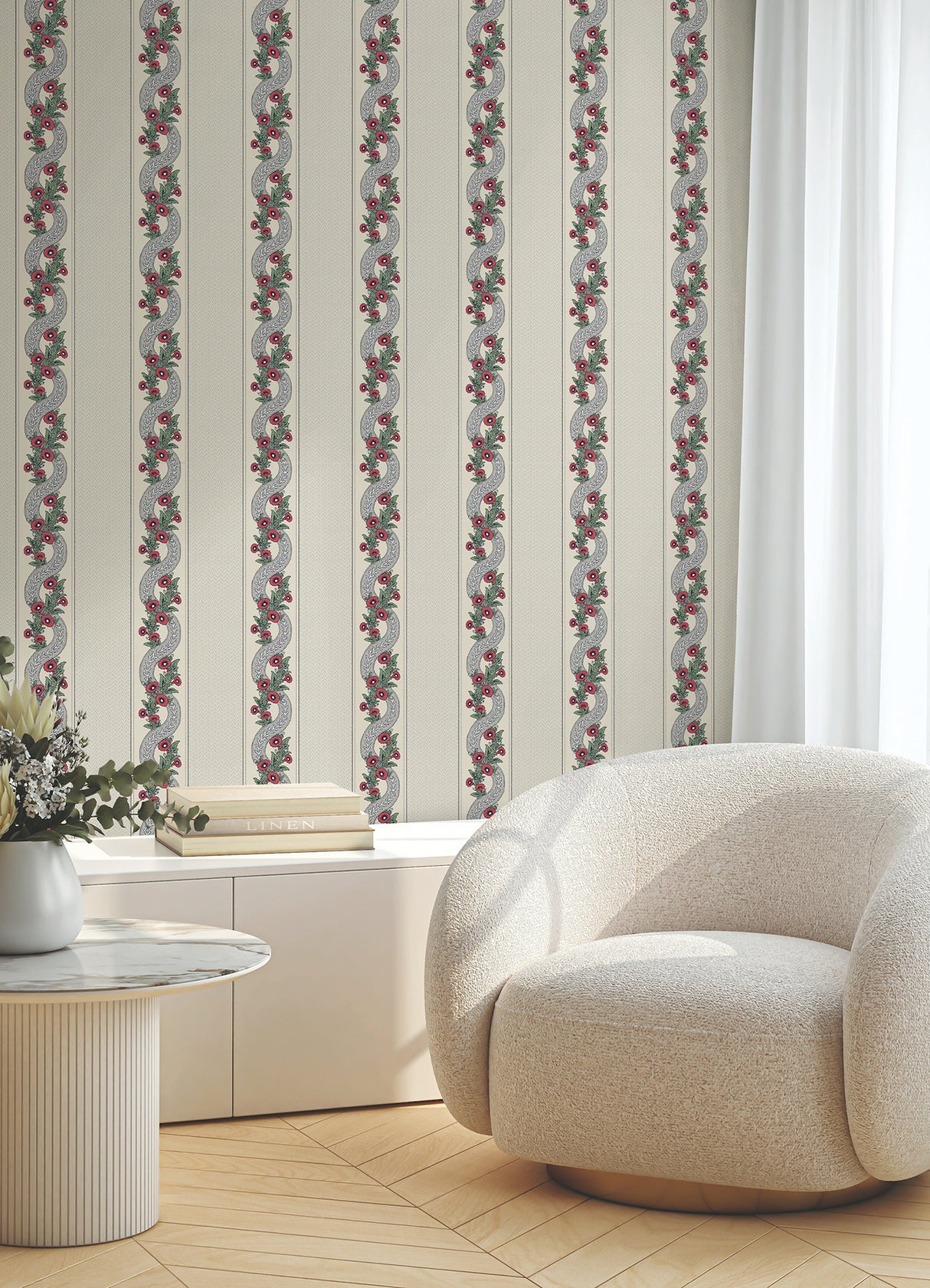 Abbey's Garland Ruby by Ronald Redding Floral Garland Stripe Wallpaper - York Designer Series MX9694-Sample