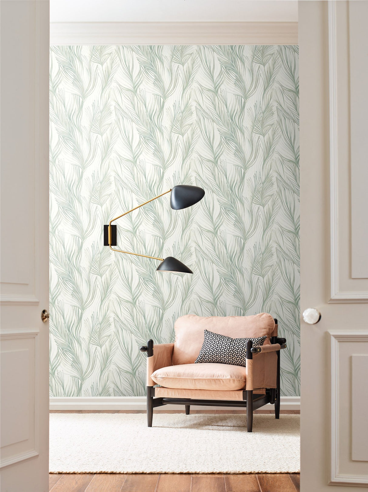 Peaceful Plume Light Blue Wallpaper with Bohemian Palm Feather Motif - York NA0501