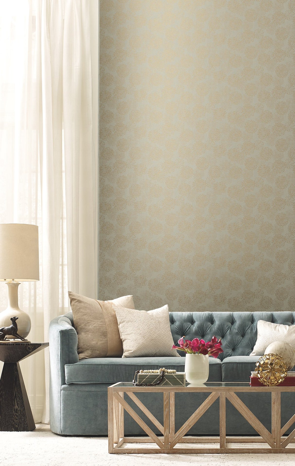 Grandeur Taupe Wallpaper with Botanical Allium Burst Motif - York NA0579