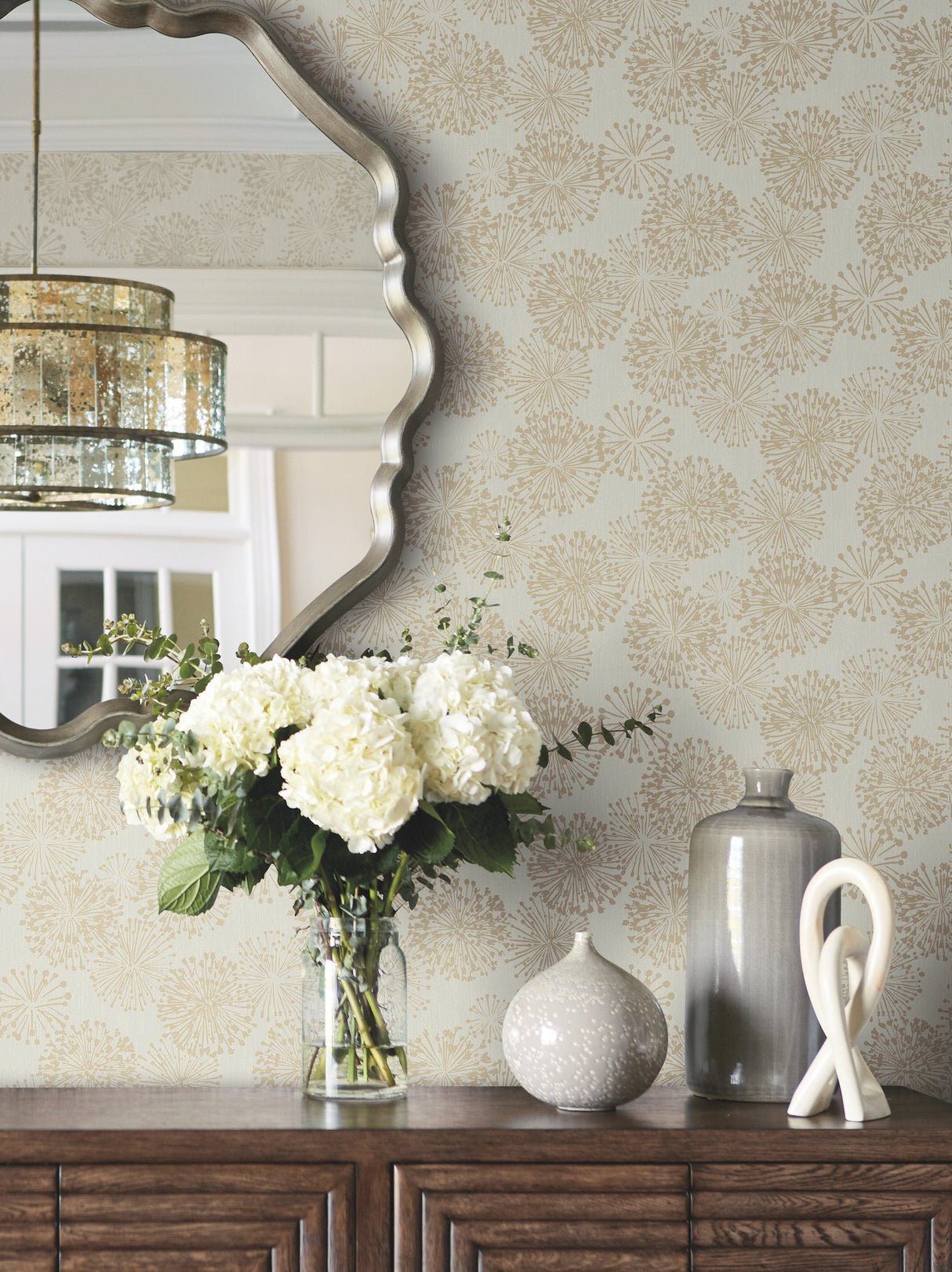 Grandeur Taupe Wallpaper with Botanical Allium Burst Motif - York NA0579