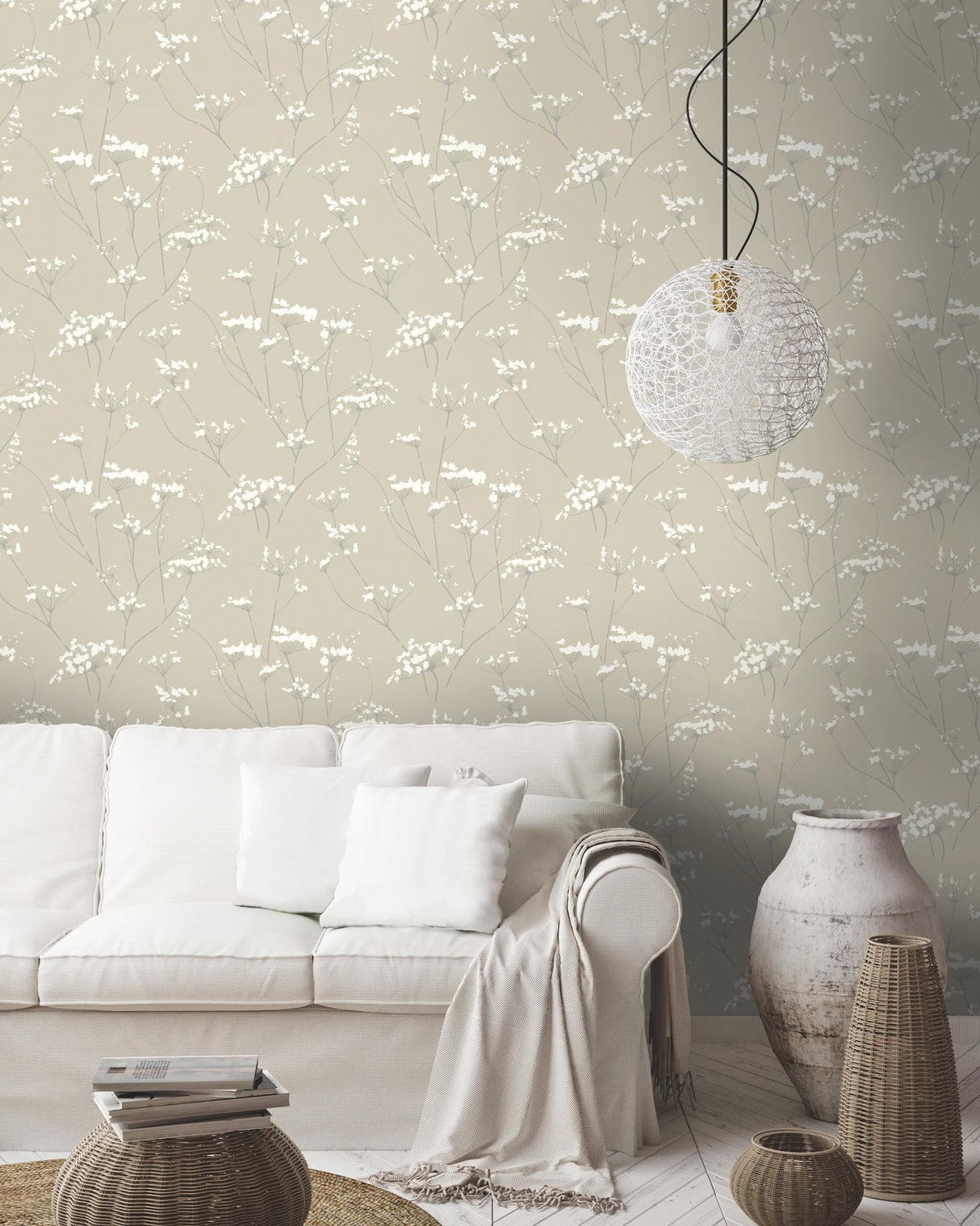 Enchanted Tan Botanical Non Woven Wallpaper with Delicate Wildflower Silhouette - York NA0599