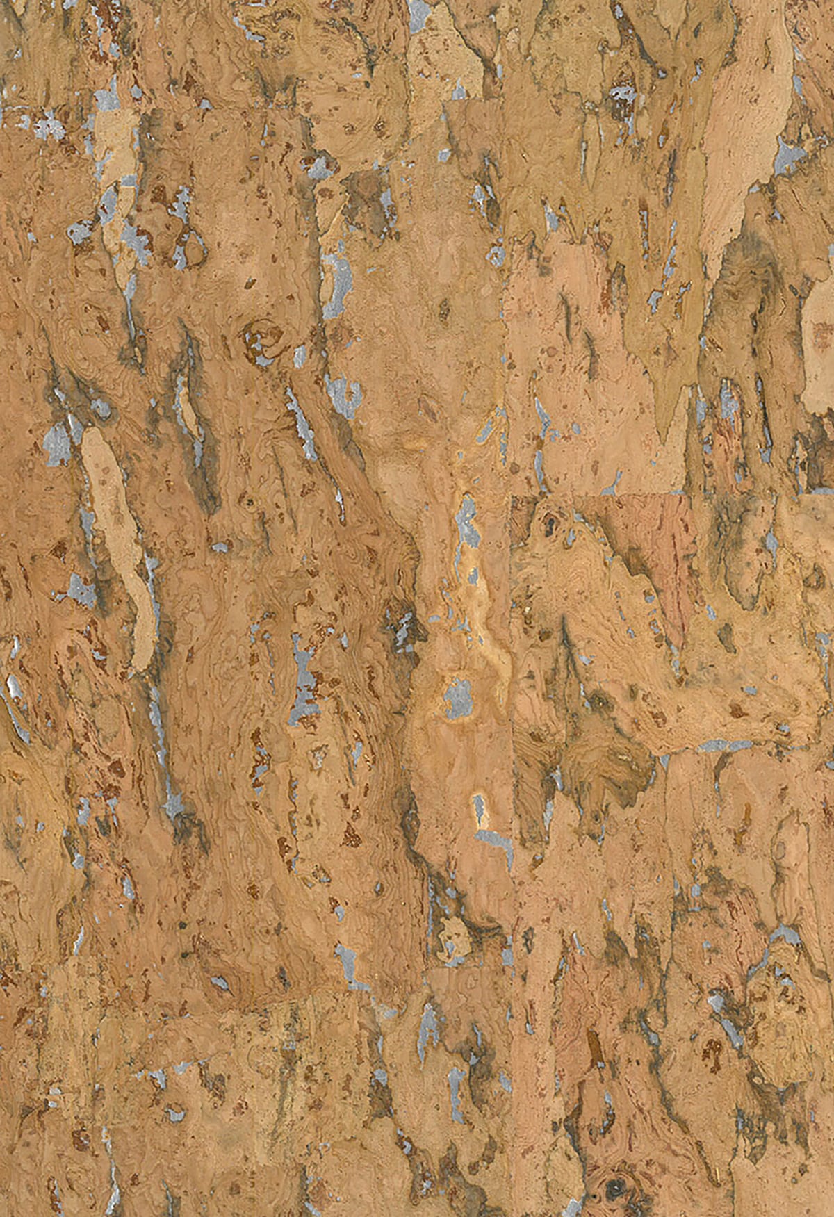 Brown cork grasscloth wallpaper with natural mottled texture and subtle gray-blue flecks