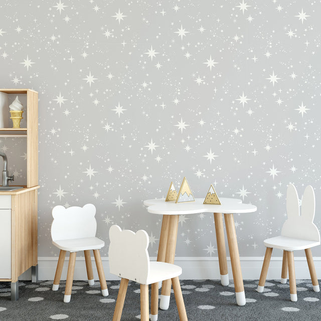 Scattered Grey Stars Whimsical Peel & Stick Wallpaper with Graphics Star Motif - InHome NHS4774