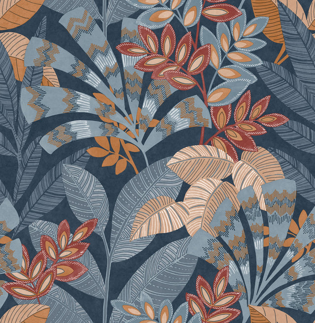 Yara Blue Peel & Stick Wallpaper with Botanical Leaves Pattern, Transitional Style - InHome NHS6171