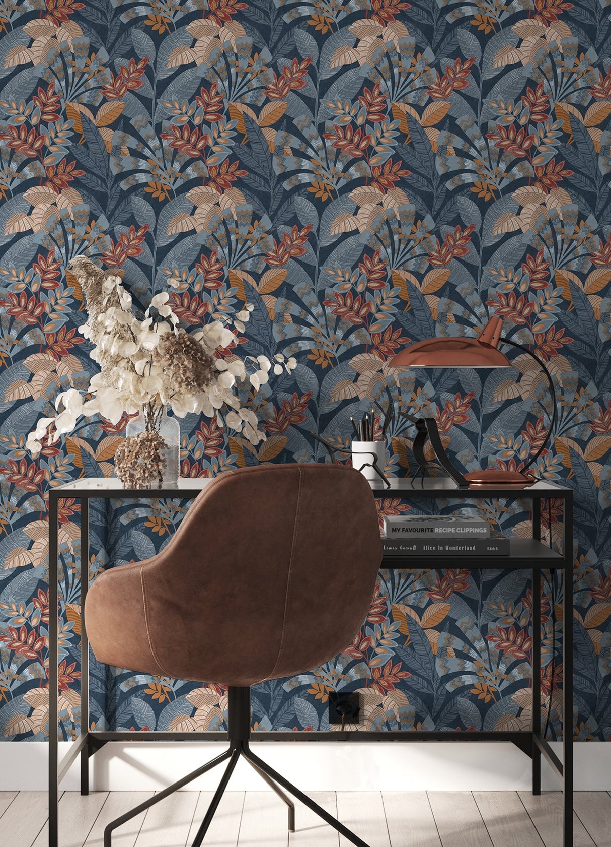 Yara Blue Peel & Stick Wallpaper with Botanical Leaves Pattern, Transitional Style - InHome NHS6171