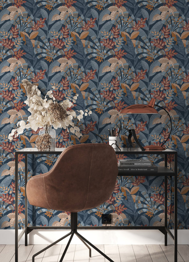Yara Blue Peel & Stick Wallpaper with Botanical Leaves Pattern, Transitional Style - InHome NHS6171