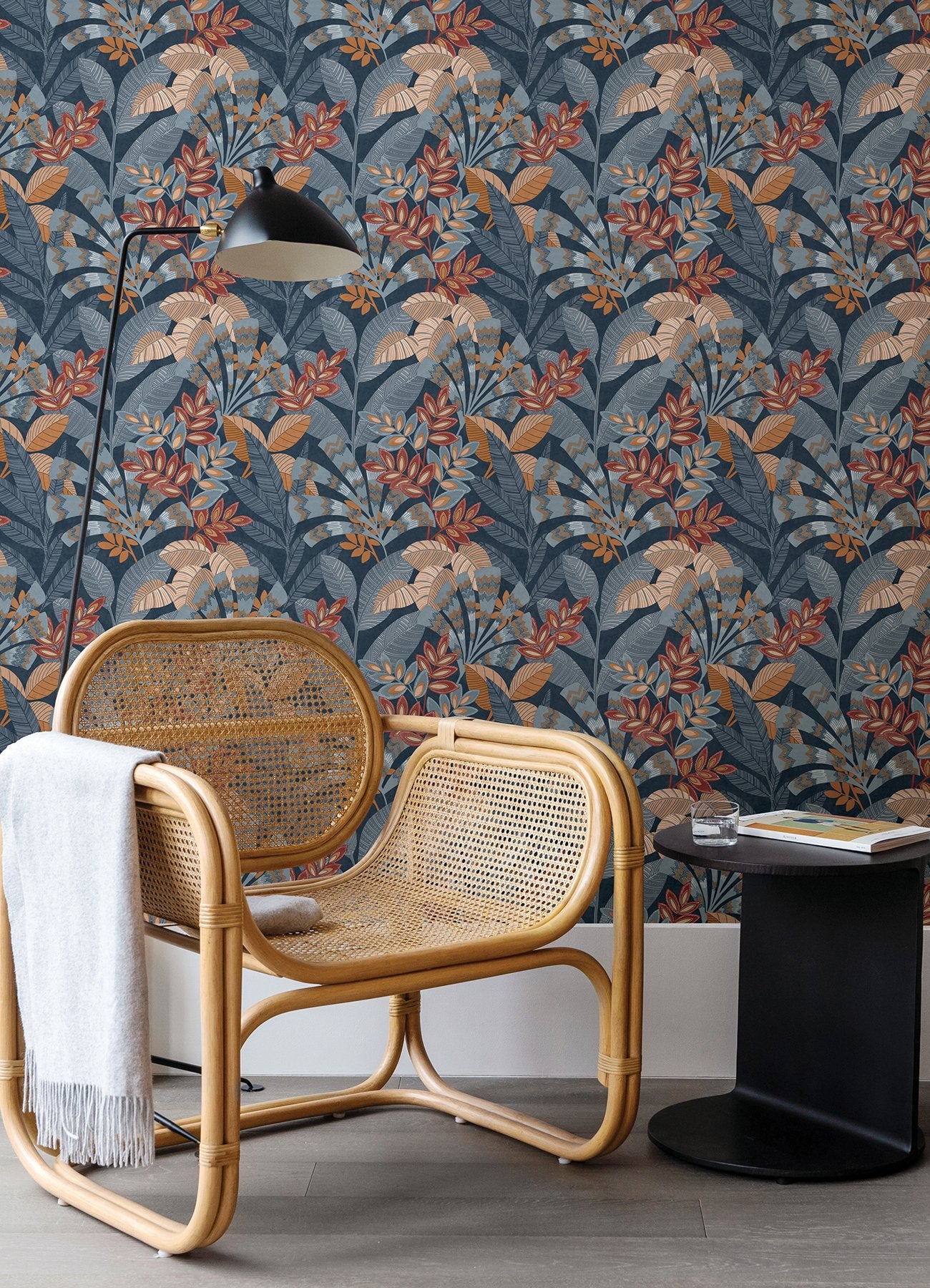Yara Blue Peel & Stick Wallpaper with Botanical Leaves Pattern, Transitional Style - InHome NHS6171