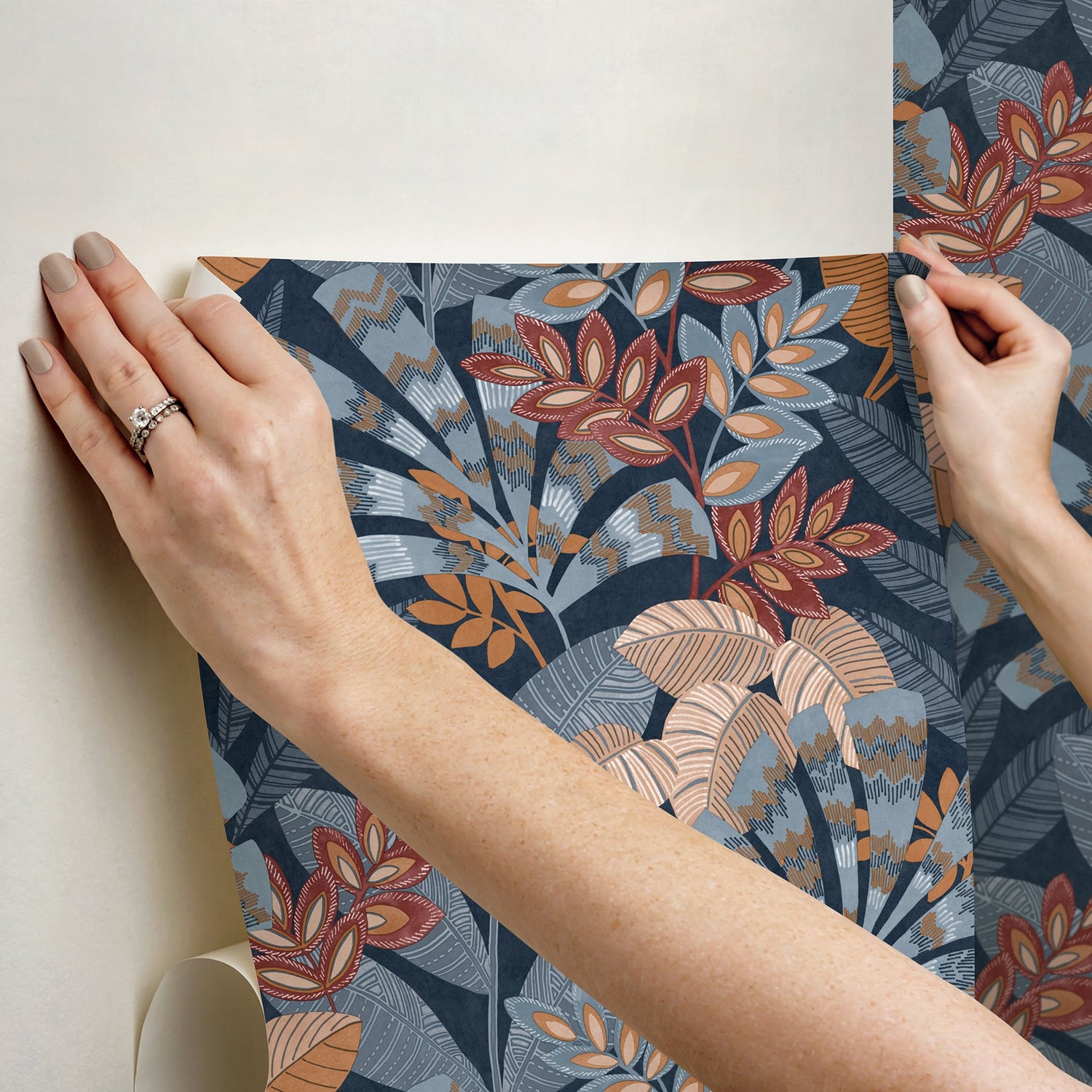 Yara Blue Peel & Stick Wallpaper with Botanical Leaves Pattern, Transitional Style - InHome NHS6171