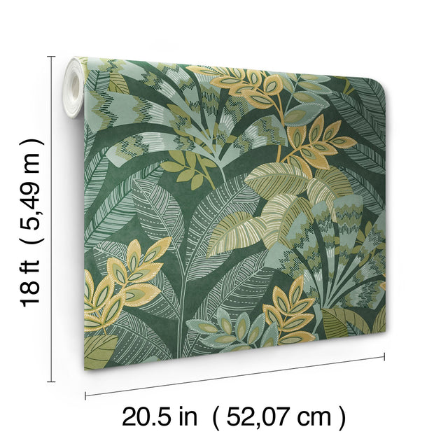 Yara Green Peel & Stick Wallpaper with Botanical Leaf Pattern - Brewster NHS6172