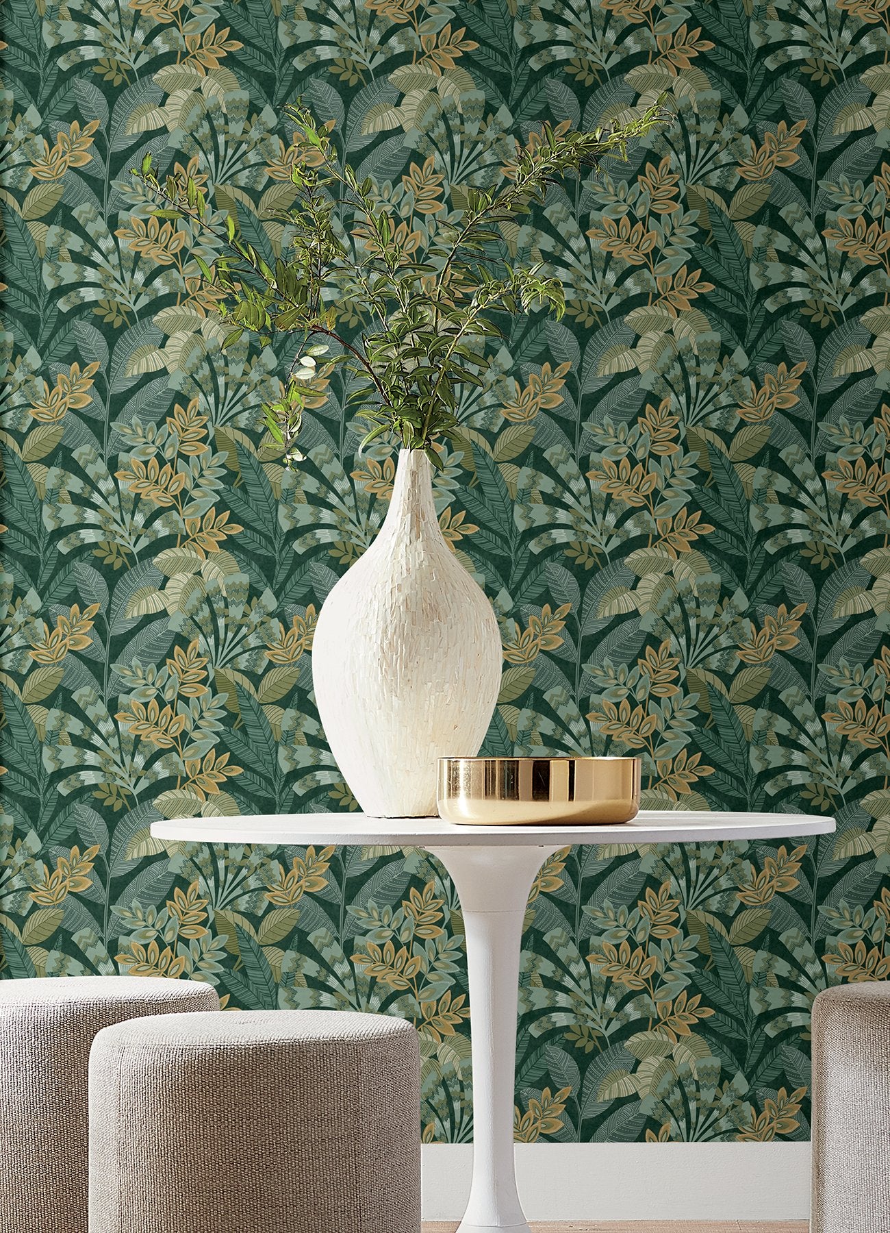 Yara Green Peel & Stick Wallpaper with Botanical Leaf Pattern - Brewster NHS6172