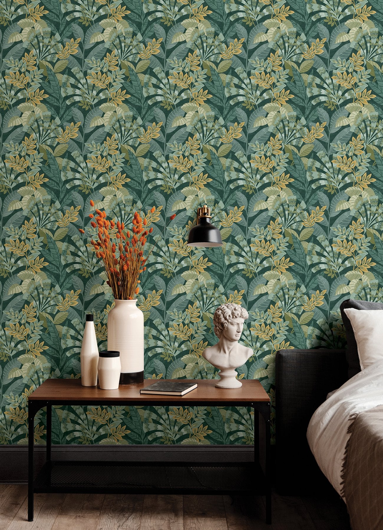 Yara Green Peel & Stick Wallpaper with Botanical Leaf Pattern - Brewster NHS6172