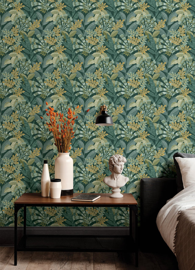 Yara Green Peel & Stick Wallpaper with Botanical Leaf Pattern - Brewster NHS6172