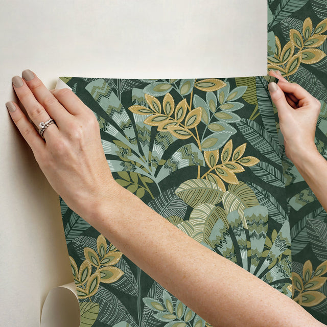 Yara Green Peel & Stick Wallpaper with Botanical Leaf Pattern - Brewster NHS6172