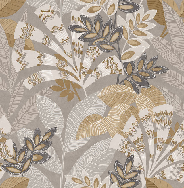 Yara Taupe Peel & Stick Wallpaper with Botanical Leaves Motif - InHome NHS6173
