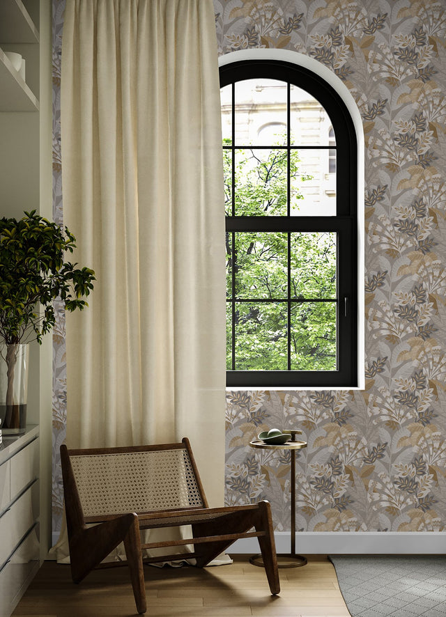 Yara Taupe Peel & Stick Wallpaper with Botanical Leaves Motif - InHome NHS6173