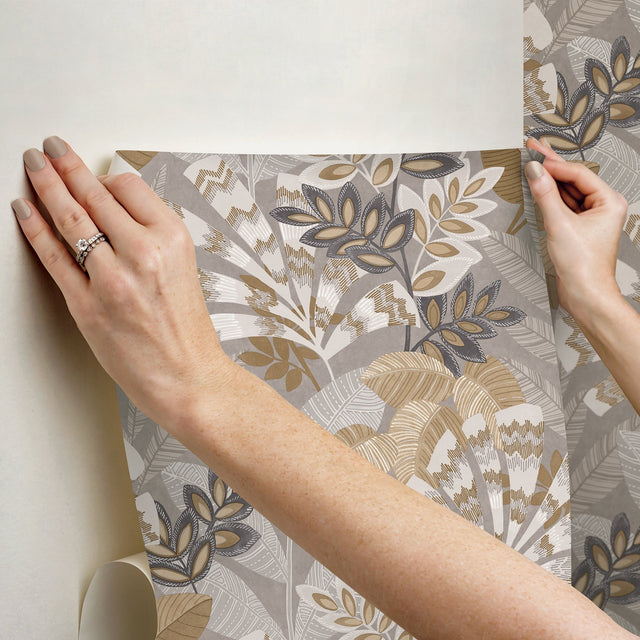 Yara Taupe Peel & Stick Wallpaper with Botanical Leaves Motif - InHome NHS6173