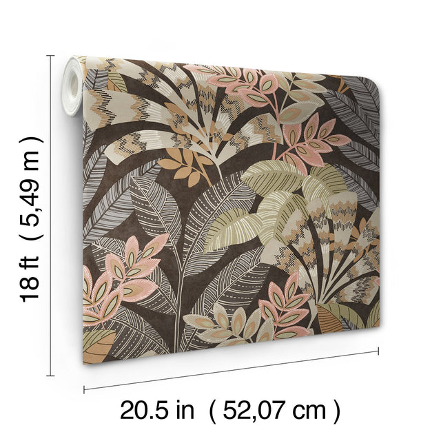 Yara Charcoal Peel & Stick Wallpaper with Botanical Leaves Motif - InHome NHS6174