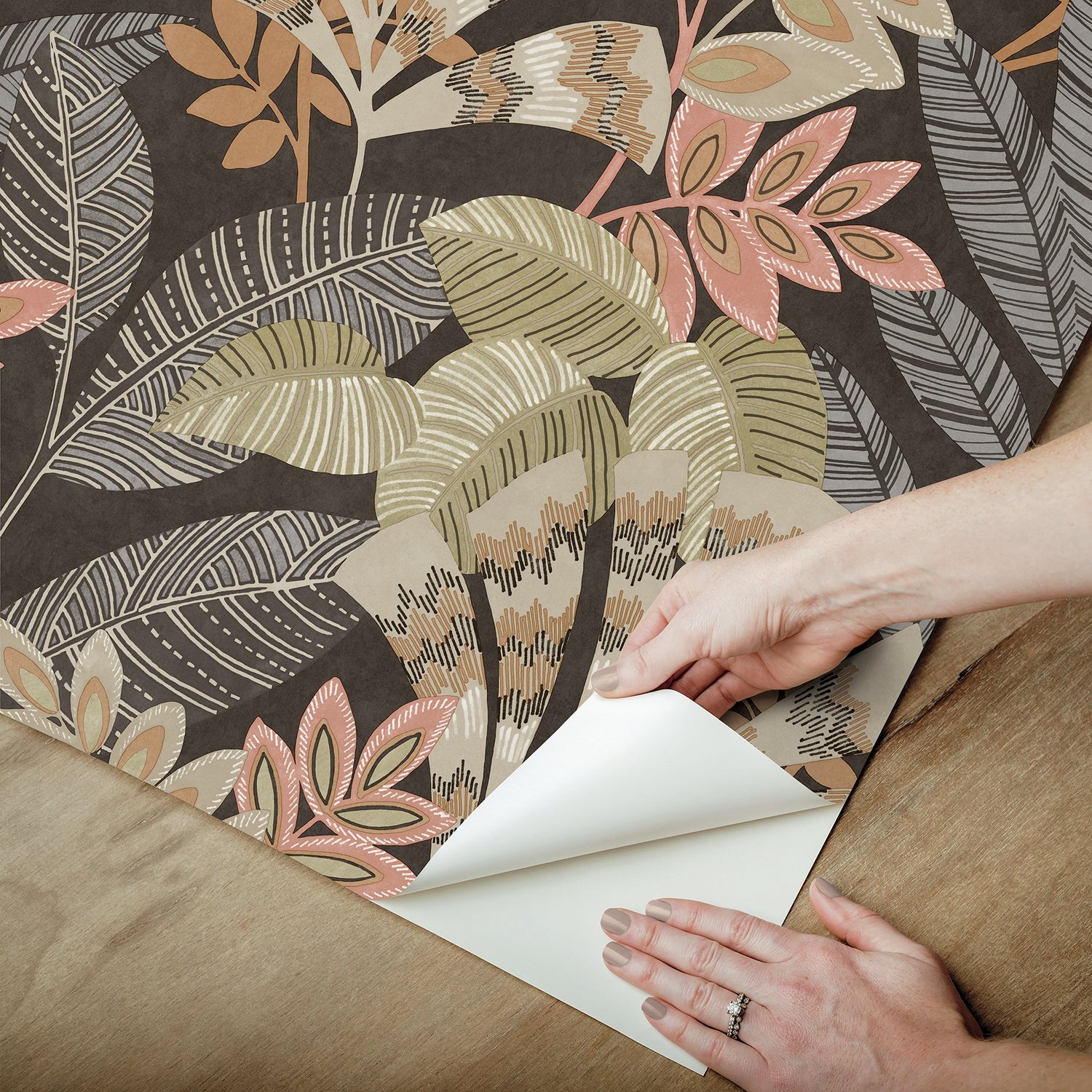 Yara Charcoal Peel & Stick Wallpaper with Botanical Leaves Motif - InHome NHS6174