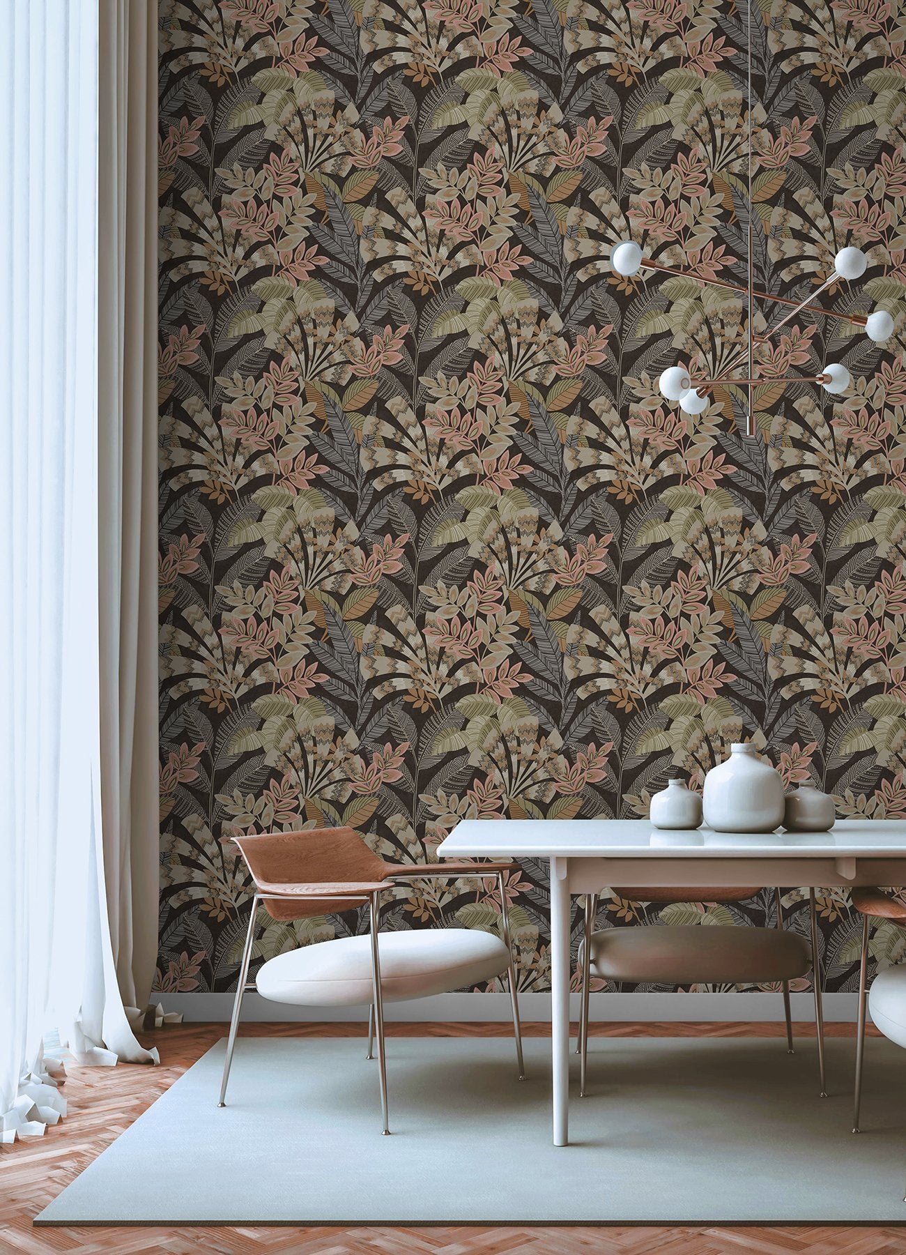 Yara Charcoal Peel & Stick Wallpaper with Botanical Leaves Motif - InHome NHS6174