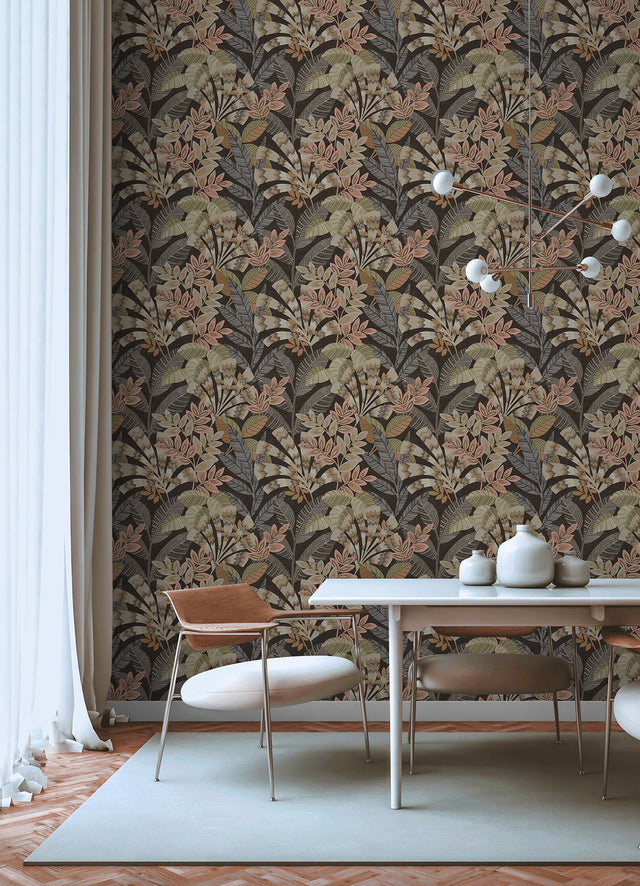 Yara Charcoal Peel & Stick Wallpaper with Botanical Leaves Motif - InHome NHS6174