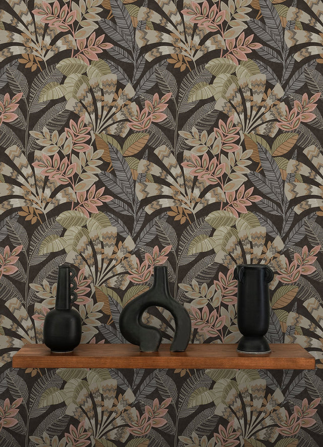 Yara Charcoal Peel & Stick Wallpaper with Botanical Leaves Motif - InHome NHS6174