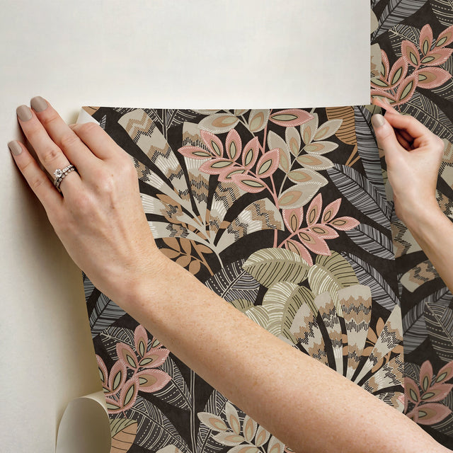 Yara Charcoal Peel & Stick Wallpaper with Botanical Leaves Motif - InHome NHS6174