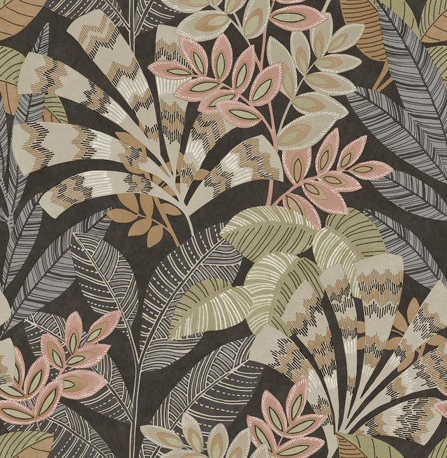Yara Charcoal Peel & Stick Wallpaper with Botanical Leaves Motif - InHome NHS6174