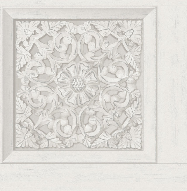 Carved Floral White Peel & Stick Wallpaper with Wood Panel Motif - InHome NHS6175