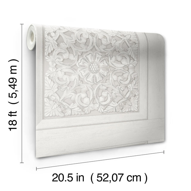 Carved Floral White Peel & Stick Wallpaper with Wood Panel Motif - InHome NHS6175