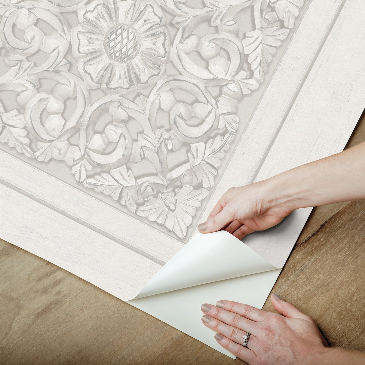 Carved Floral White Peel & Stick Wallpaper with Wood Panel Motif - InHome NHS6175