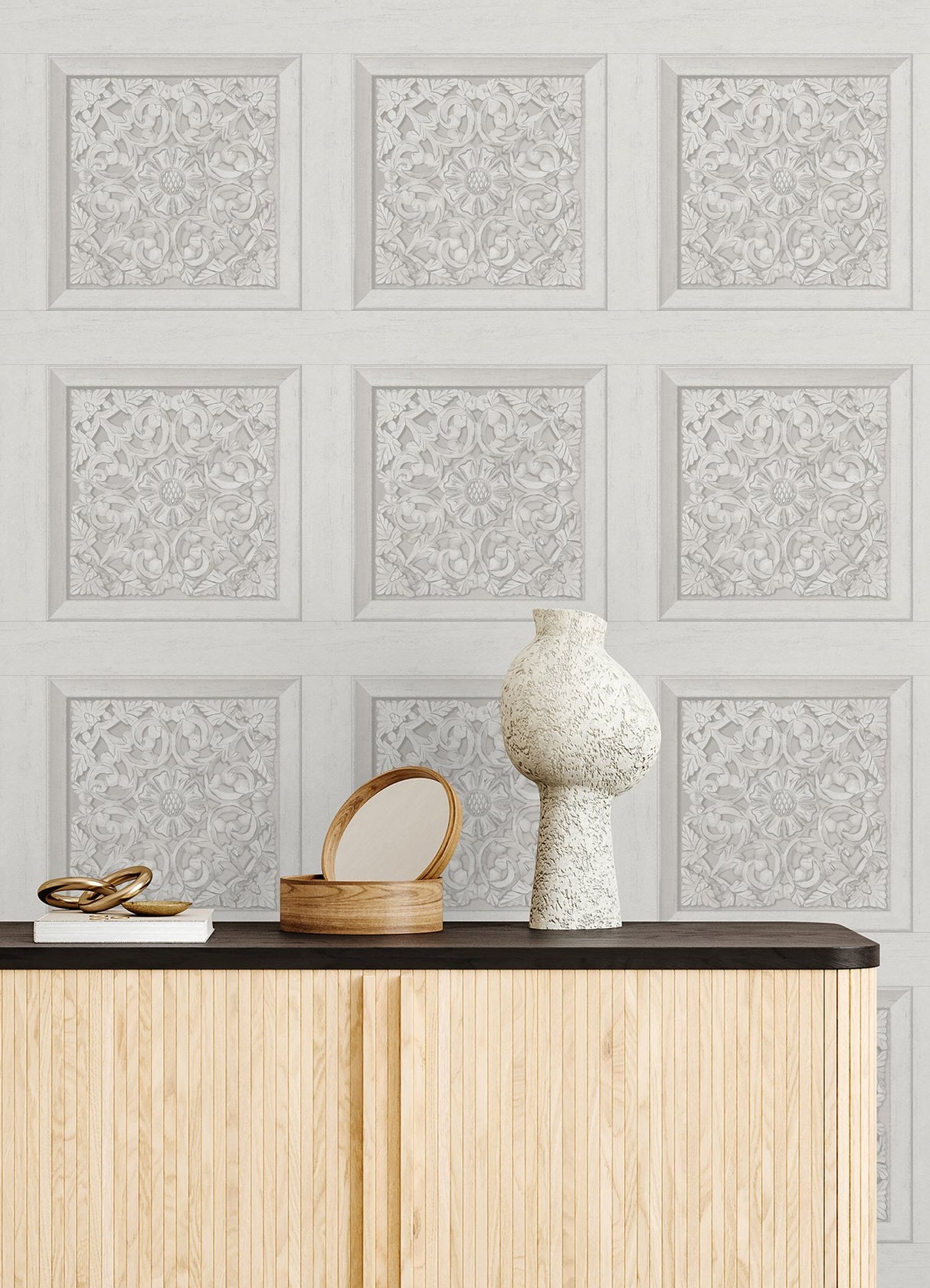 Carved Floral White Peel & Stick Wallpaper with Wood Panel Motif - InHome NHS6175