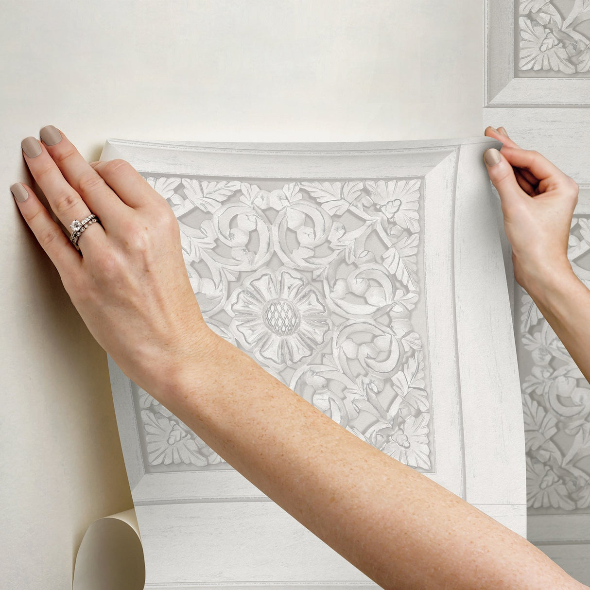 Carved Floral White Peel & Stick Wallpaper with Wood Panel Motif - InHome NHS6175