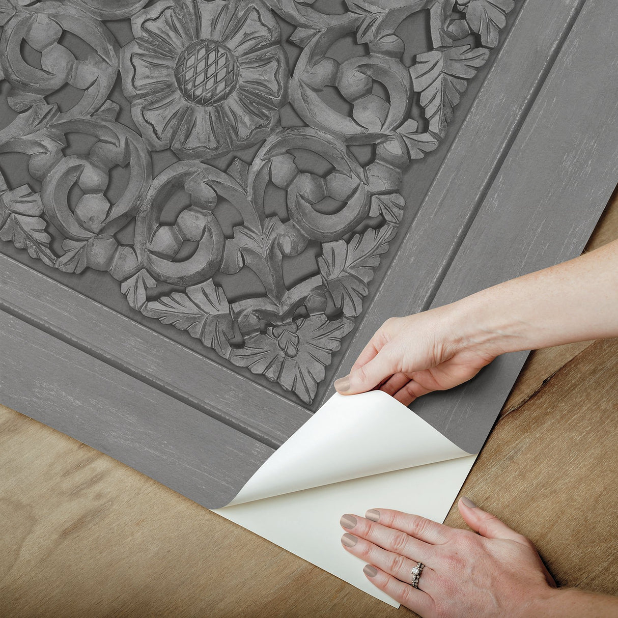 Carved Floral Grey Peel & Stick Wallpaper with Wood Panel Motif - InHome NHS6176