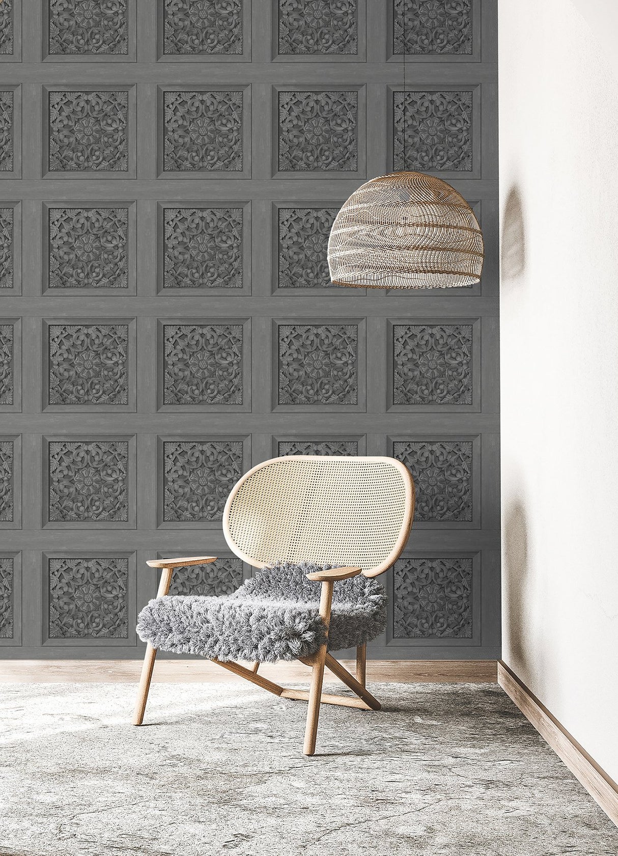 Carved Floral Grey Peel & Stick Wallpaper with Wood Panel Motif - InHome NHS6176