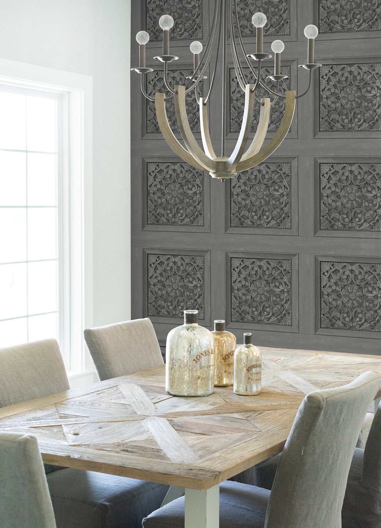 Carved Floral Grey Peel & Stick Wallpaper with Wood Panel Motif - InHome NHS6176