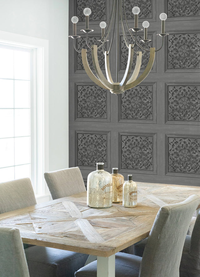 Carved Floral Grey Peel & Stick Wallpaper with Wood Panel Motif - InHome NHS6176